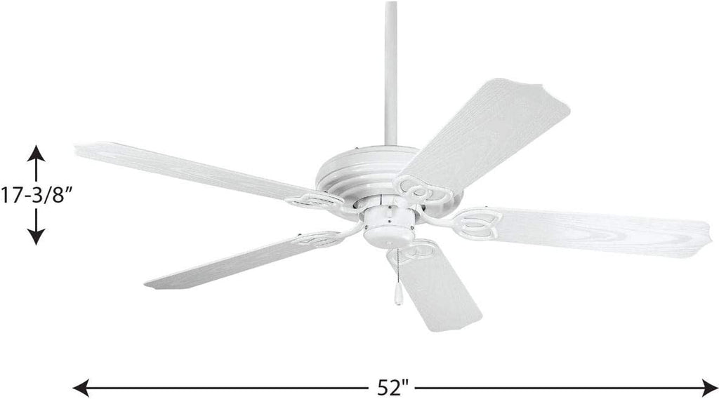 Progress Lighting P2502-30 52-Inch Patio Fan with 5 Blades and 3-Speed Reversible Motor White Fan with Abs White Blades for Outdoor Use, White