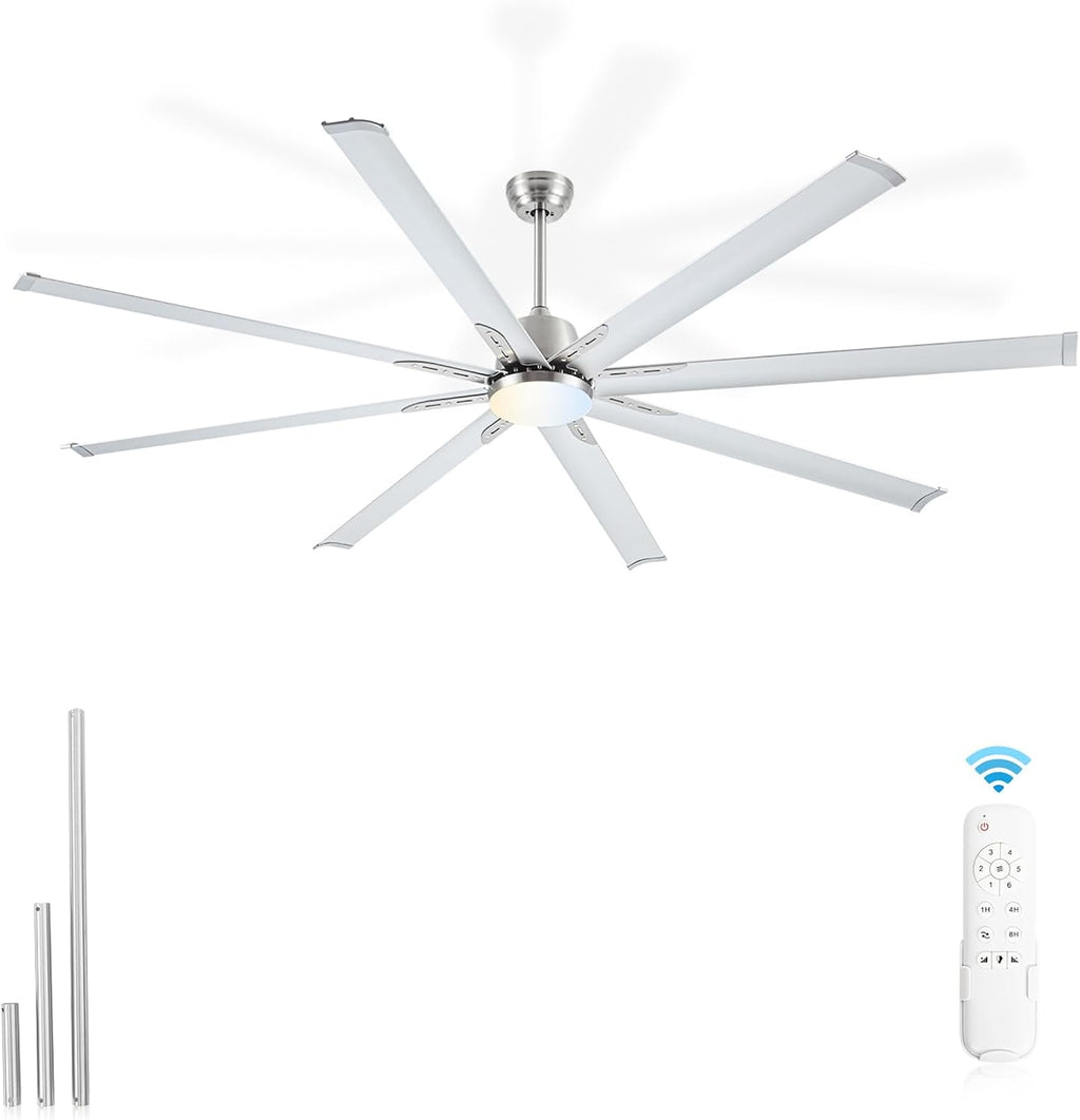 84 lnch lndustrial Celing Fan with Light and Remote Control,Large Celing Fan with 8 Brushed Nickel Aluminum Blades,6 Speed Noiseless DC Motor,Wet Rated Indoor Outdoor Ceiling Fans for Patio,Garage.