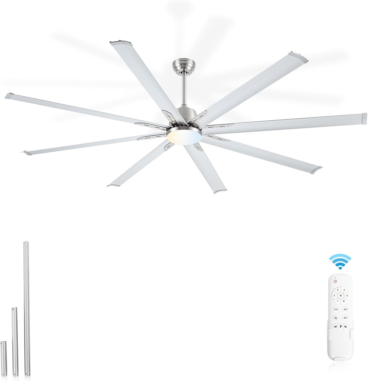 84 lnch lndustrial Celing Fan with Light and Remote Control,Large Celing Fan with 8 Brushed Nickel Aluminum Blades,6 Speed Noiseless DC Motor,Wet Rated Indoor Outdoor Ceiling Fans for Patio,Garage.