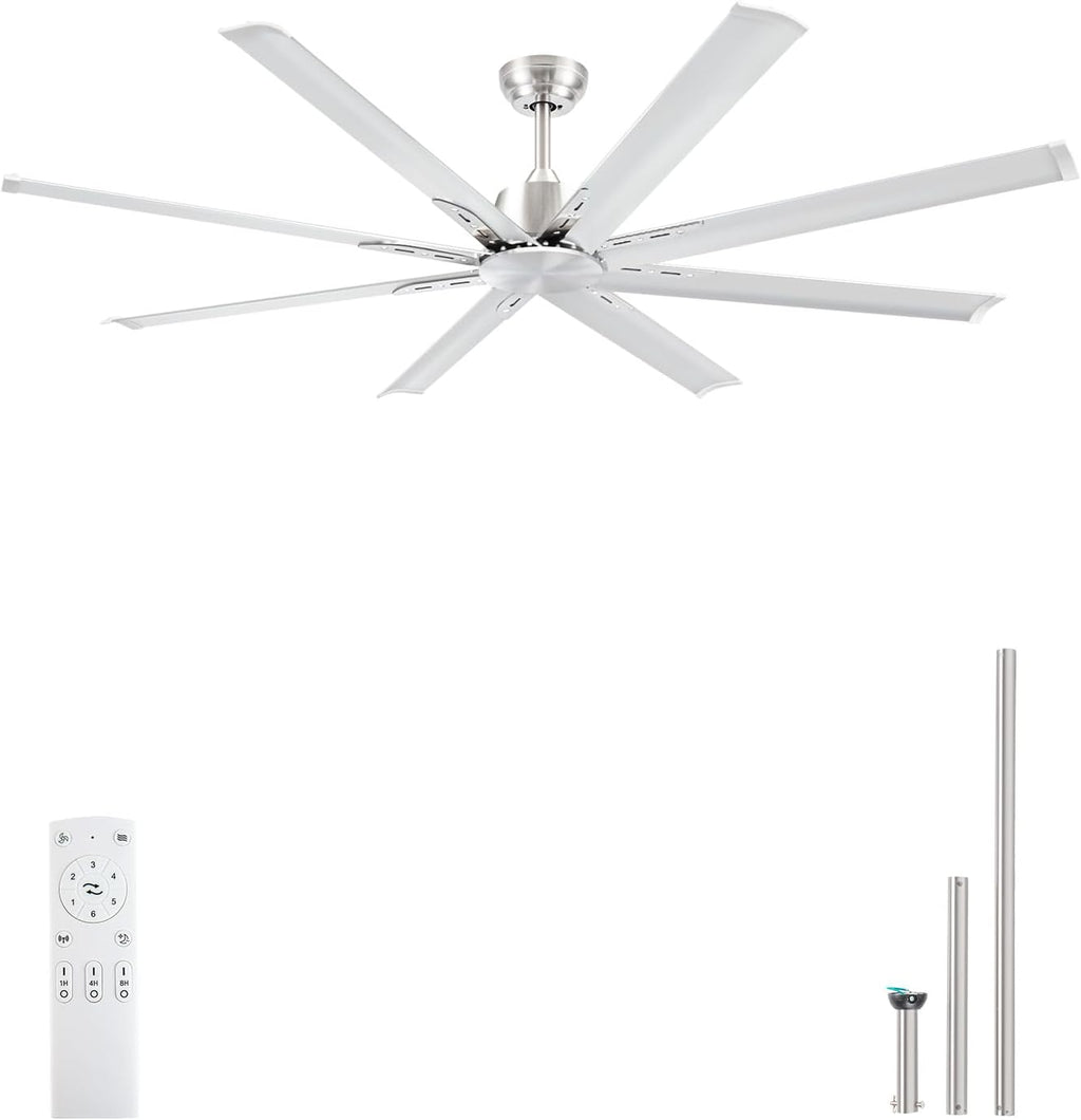 Minislak 72 Inch Ceiling Fan No Light with Remote,8 Aluminum Blades,Industrial DC Motor Quiet Operation,6 Speeds,Large Indoor Outdoor Ceiling Fan for Garage,Patio,Living Room(Brushed Nickel)