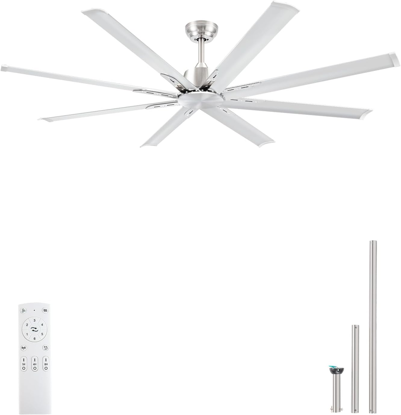 Minislak 72 Inch Ceiling Fan No Light with Remote,8 Aluminum Blades,Industrial DC Motor Quiet Operation,6 Speeds,Large Indoor Outdoor Ceiling Fan for Garage,Patio,Living Room(Brushed Nickel)