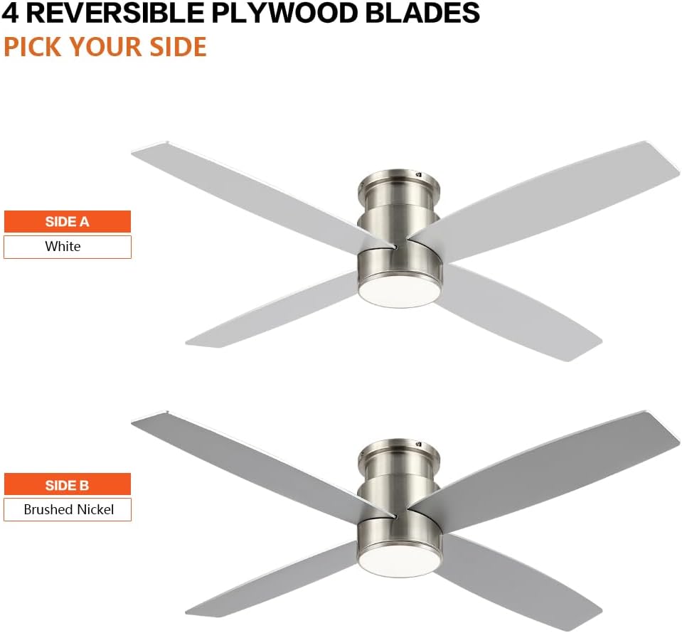 WINGBO 44 Inch Flush Mount DC Ceiling Fan with Lights and Remote, 4 Reversible Blades, Ultra Quiet 6-Speed DC Motor, Hugger Low Profile Indoor Ceiling Fan, Brushed Nickel Finish