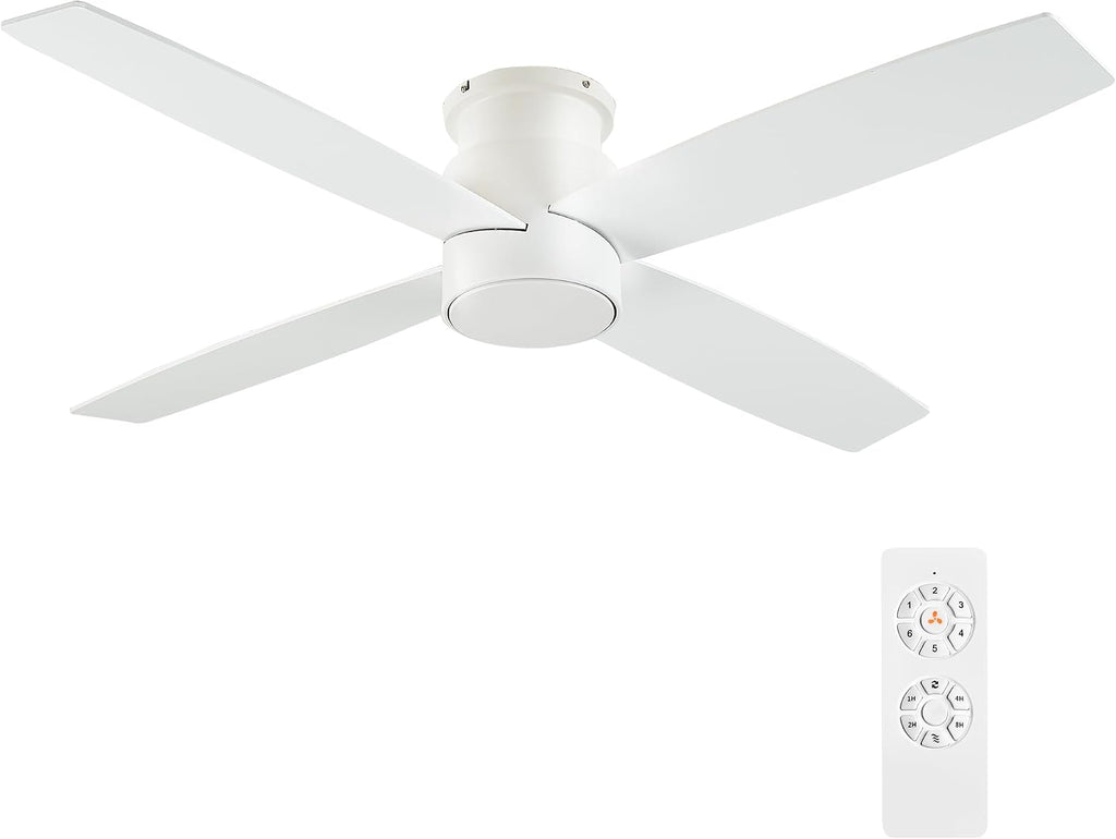 WINGBO 52' Flush Mount DC Ceiling Fan without Lights, 4 Reversible Blades, Ultra Quiet 6-Speed DC Motor, Hugger Low Profile Indoor Ceiling Fan No Lights, White Finish
