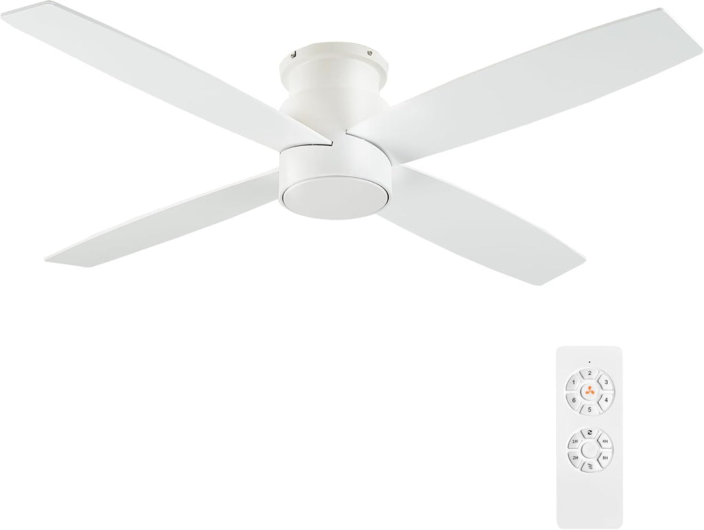 WINGBO 44' Flush Mount DC Ceiling Fan without Lights, 4 Reversible Blades in White/Oak Finish, Ultra Quiet 6-Speed DC Motor, Hugger Low Profile Ceiling Fan No Lights for Bedroom, Indoor/Outdoor Use