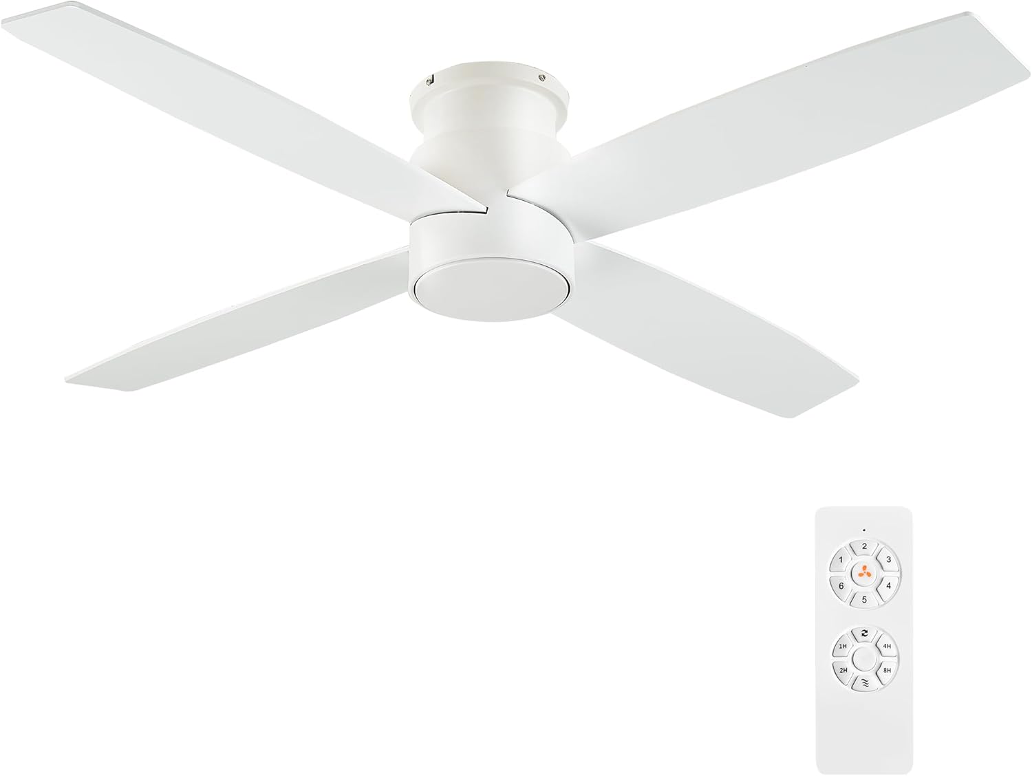 WINGBO 44' Flush Mount DC Ceiling Fan without Lights, 4 Reversible Blades in White/Oak Finish, Ultra Quiet 6-Speed DC Motor, Hugger Low Profile Ceiling Fan No Lights for Bedroom, Indoor/Outdoor Use