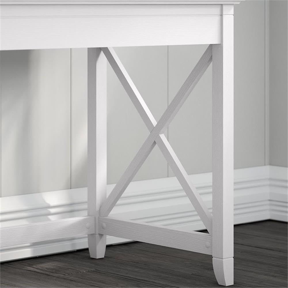Bush Home Key West 60W L Shaped Desk with File Cabinets and 5 Shelf Bookcase in Pure White Oak