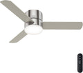 Hunter 52 inch Indoor Ceiling Fan with Light and Remote Control - For Bedroom or Living Room, Low Profile Flush Mount, Modern Ceiling Fan with LED Light, Quiet, 3 Blades- Minimus 51431, Brushed Nickel
