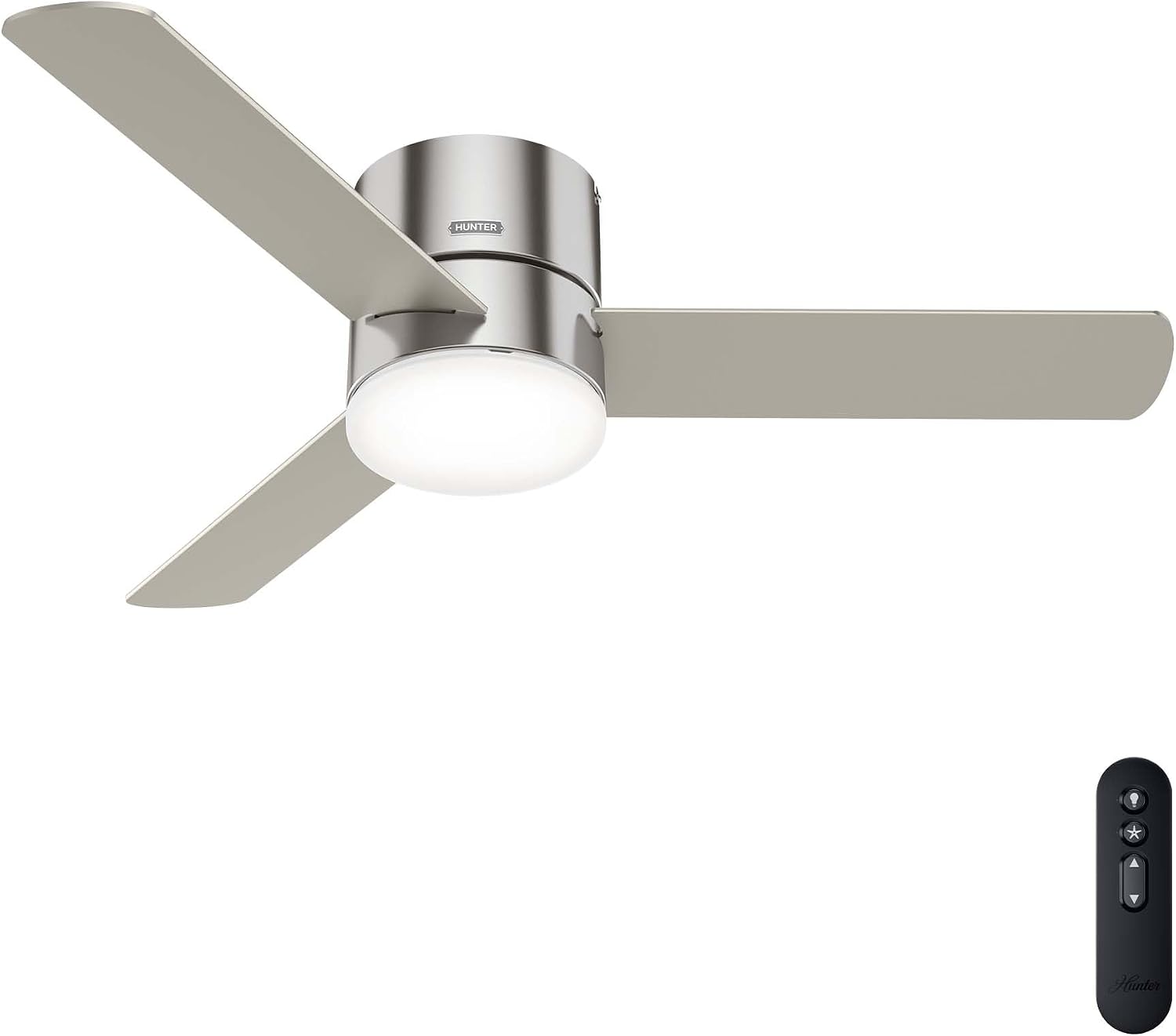 Hunter 52 inch Indoor Ceiling Fan with Light and Remote Control - For Bedroom or Living Room, Low Profile Flush Mount, Modern Ceiling Fan with LED Light, Quiet, 3 Blades- Minimus 51431, Brushed Nickel
