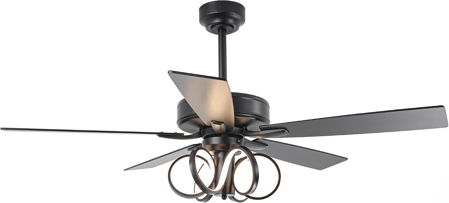 52 Inch Black Ceiling Fans with Lights and Remote - Creative Modern Ceiling Fan for Bedroom Living Room with 3CCT, 6 Speeds, Timer, Dual-Sided Reversible 5 Blades Indoor Outdoor Chandelier Fan
