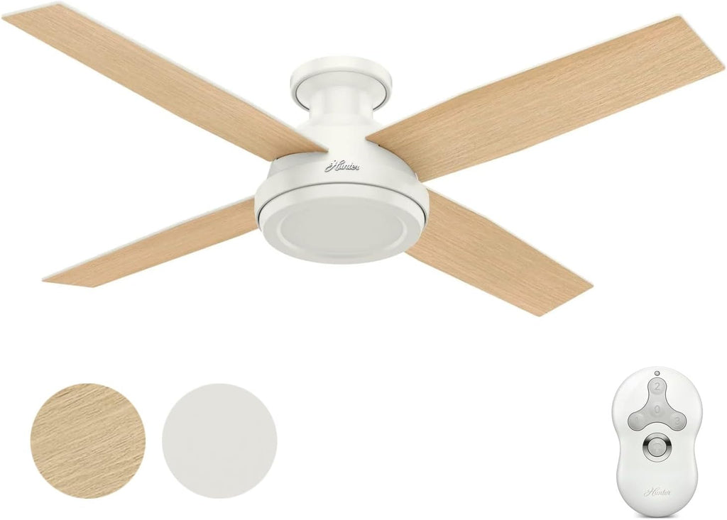 Hunter Fan 52 inch Contemporary Low Profile No Light Fresh White Ceiling Fan with Remote Control (Renewed)
