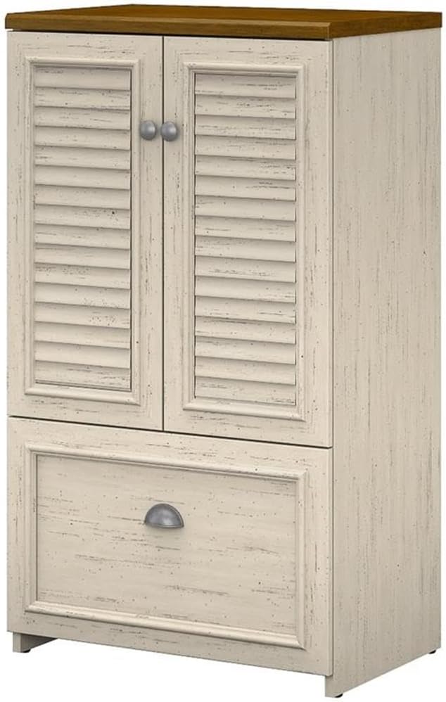 Bush Furniture Fairview 2 Door Storage Cabinet with File Drawer in Antique White and Tea Maple