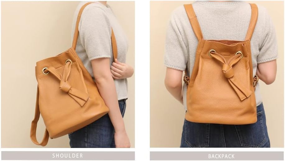 Genuine Leather Backpack Women Fashion Knot Drawstring Casual Shoulder Bag Purse Large School Knapsack(E)