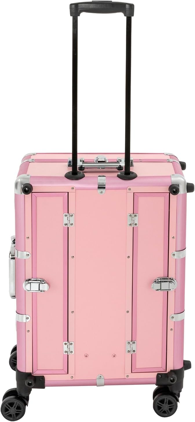 Aluminum Trolley Makeup Train Case with LED Light & Mirror,Professional Travel Cosmetic Organizer Box with Retractable Legs, Rolling Lighted Makeup Vanity Station for Salon Barber (Pink)