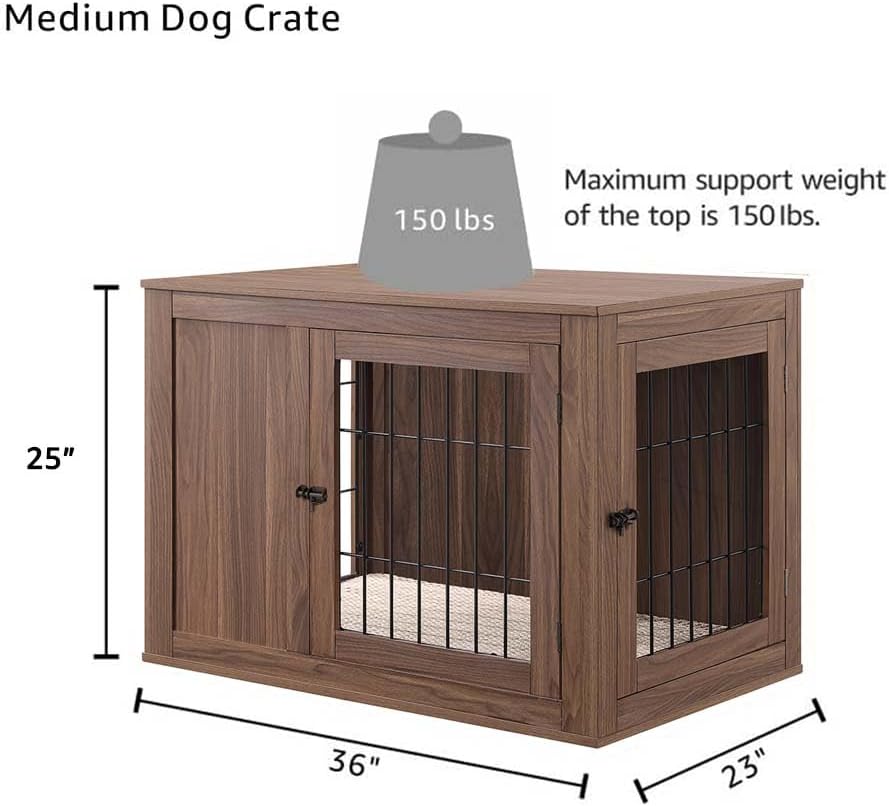unipaws 36 Inch Furniture Style Dog Crate for Medium Dogs, Indoor Puppy Kennel with Door, Modern Decorative Wood Wire Pet Cage, Pretty Cute End Side Table Nightstand, Walnut