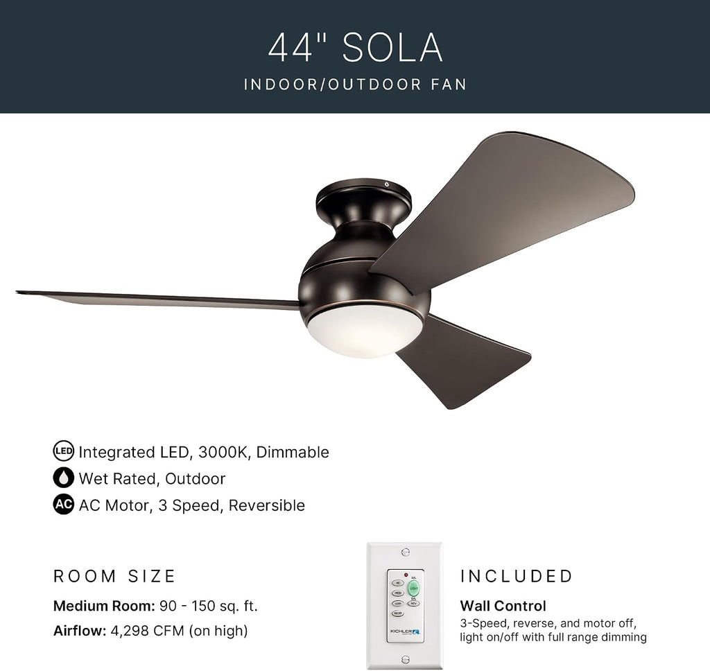 Kichler Sola LED 44' 3 Blade Fan with Etched Cased Opal Glass in Olde Bronze finish and Brown Blades
