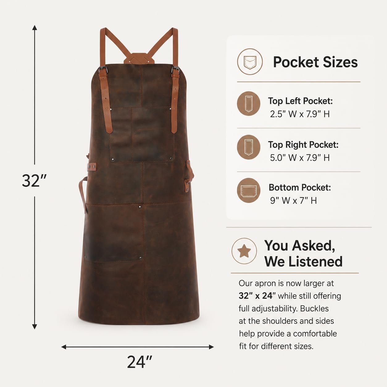 Theodore Premium Top Grain Leather Apron with Cross‑Back for Men & Women – 32.5″ × 24.5″ Heavy‑Duty BBQ, Cooking, Woodworking Apron with Two Large Tool Pockets