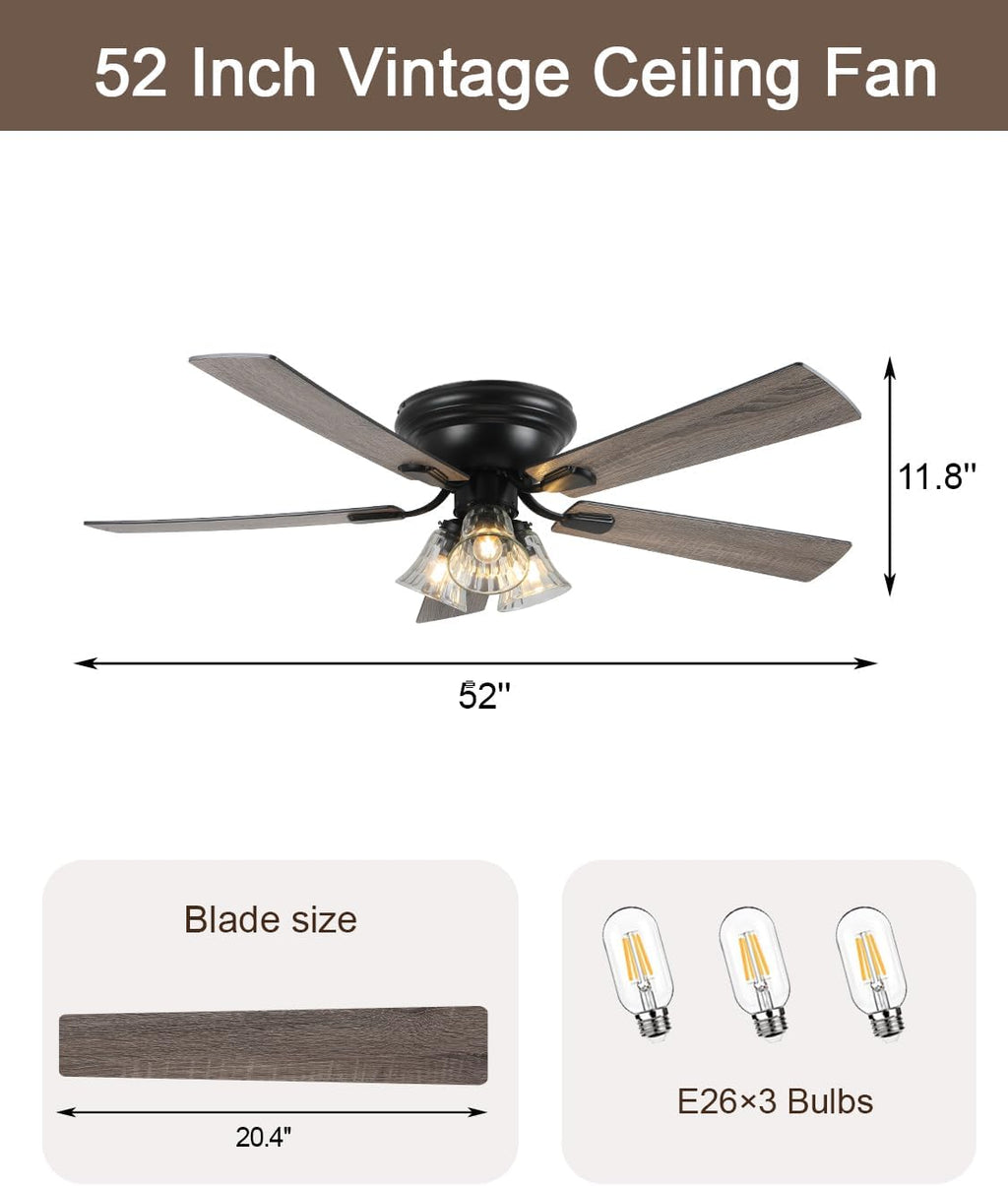 52' Flush Mount Farmhouse Ceiling Fan with Lights and Remote, Rustic Vintage Ceiling Fan Antique Fandelier 3-Lights 5 Reversible Blades Chandelier for Bedroom Living Room Dining Room