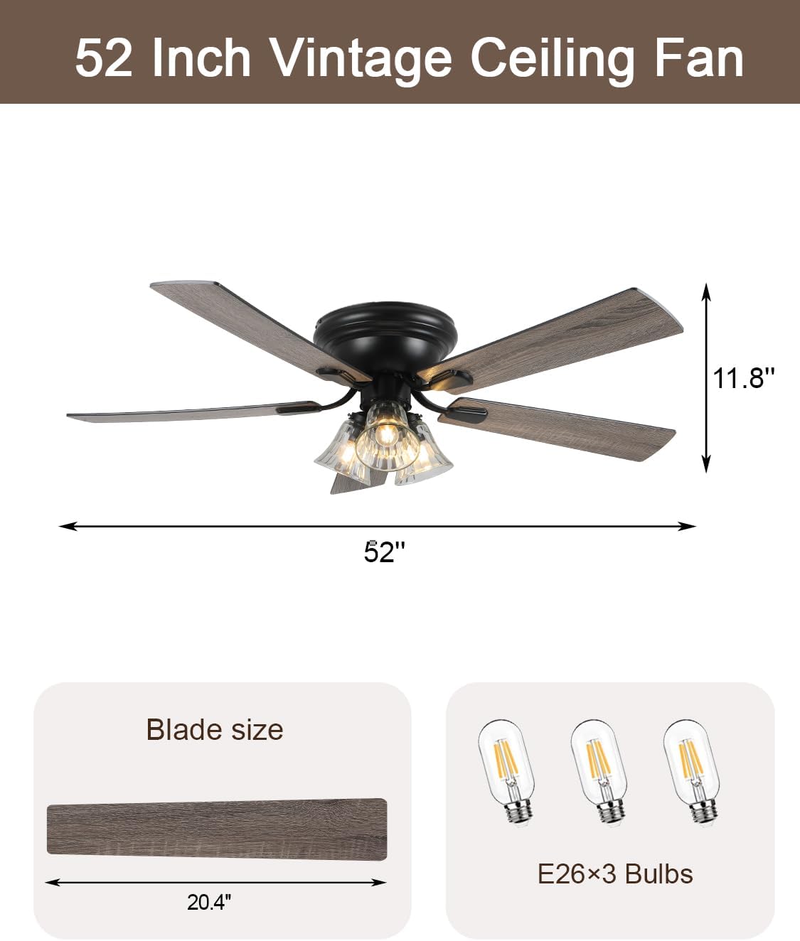 52' Flush Mount Farmhouse Ceiling Fan with Lights and Remote, Rustic Vintage Ceiling Fan Antique Fandelier 3-Lights 5 Reversible Blades Chandelier for Bedroom Living Room Dining Room