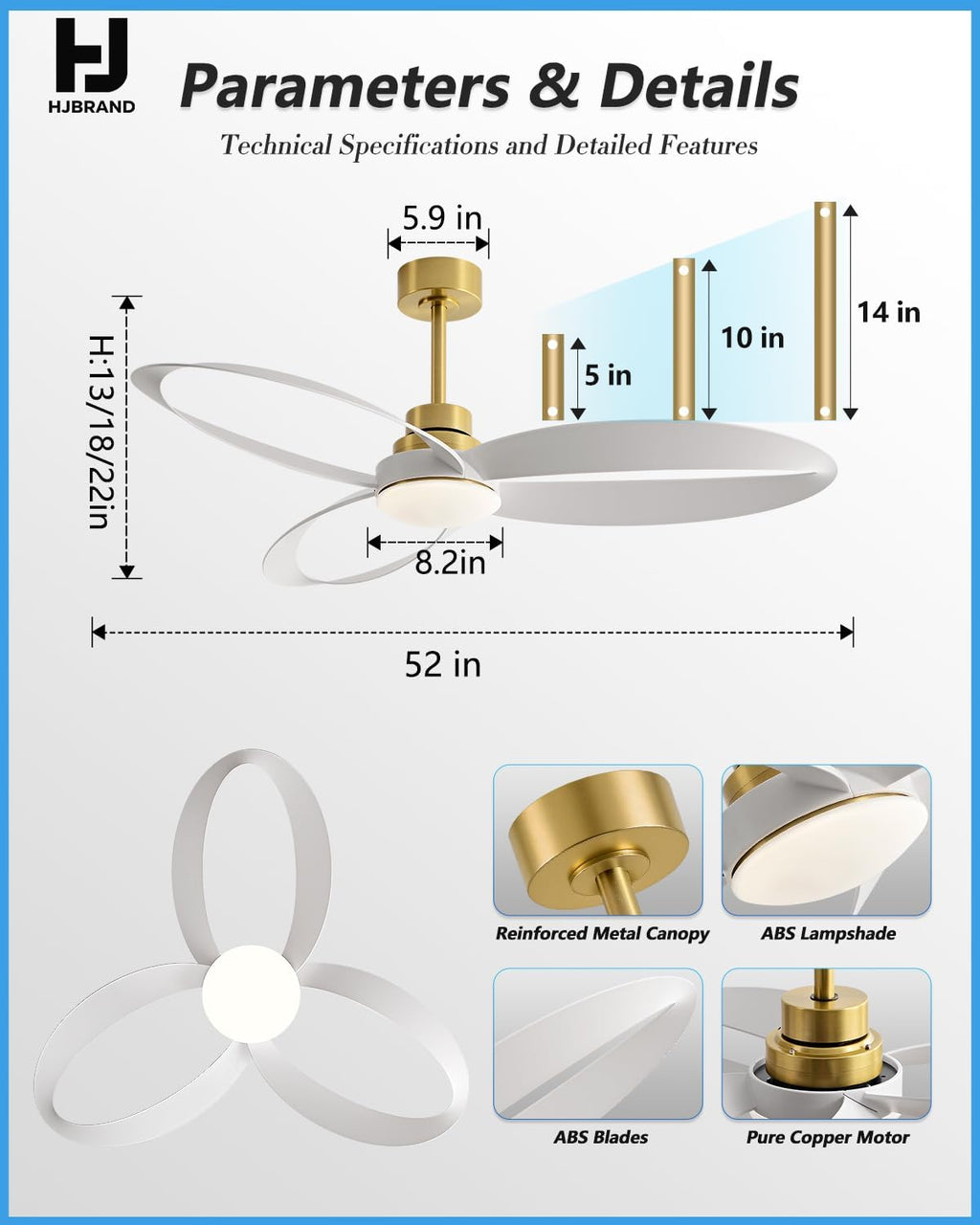 52' Ceiling Fan with Lights and Remote,Modern Ceiling Fan Gold, 6 Speed, Reversible, 3000k-6000k LED, Quiet DC Motor for Indoor Outdoor Bedroom Living Room Patio