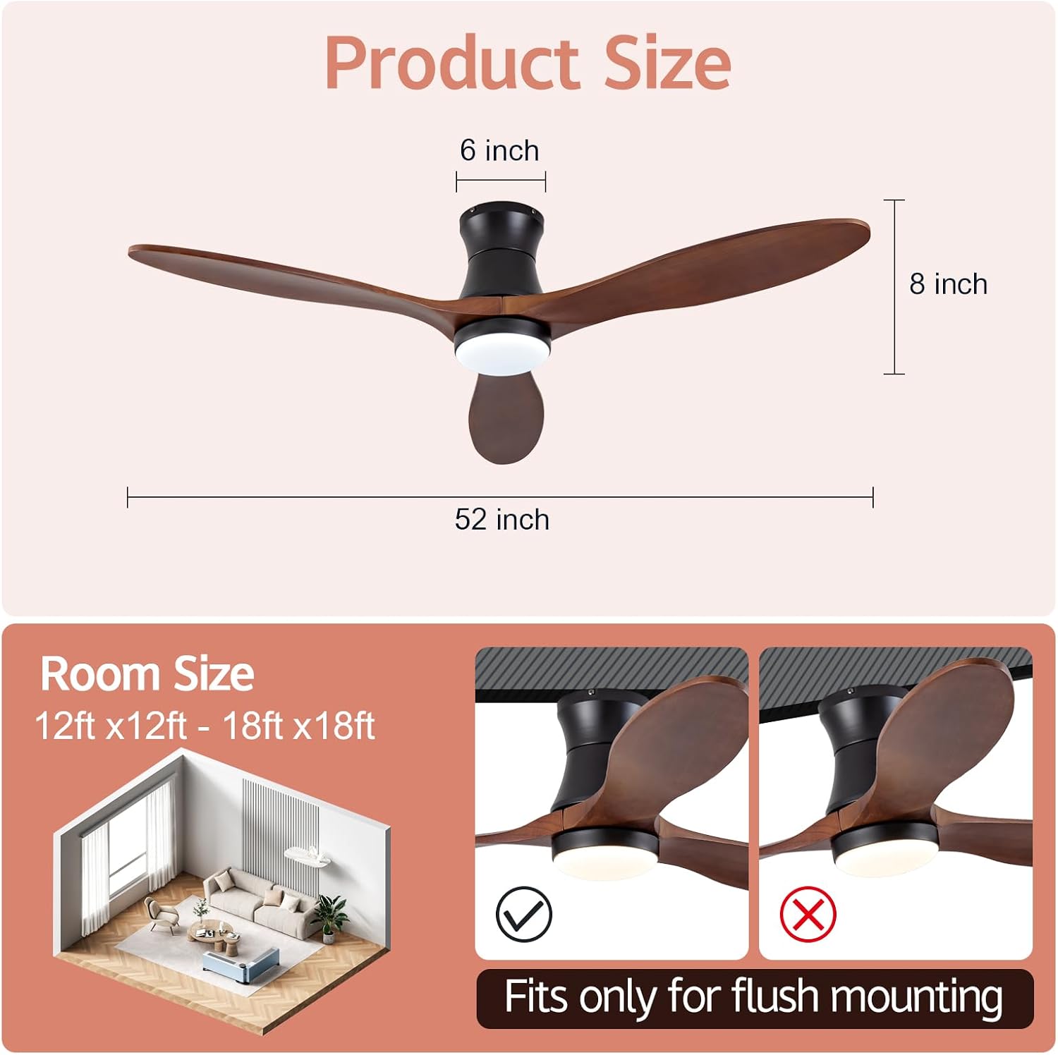 52' Smart Ceiling Fans with Lights and Remote, Compatible with Voice WIFI Alexa App Control,Solid Wood Blades,Reversible,6 Speed,Dimmable,Indoor/Outdoor Ceiling Fans for Living Room,Bedroom,Patio
