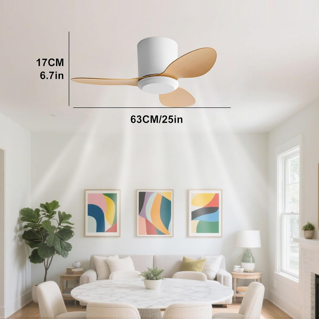 Flush Mount Ceiling Fan No Light Modern Small Ceiling Fans Remote Control 6 Speeds 25 Inch Ceiling Fan Without Lights Quiet DC Motor, 3 Blades For Restaurant Bedroom Patio Indoor