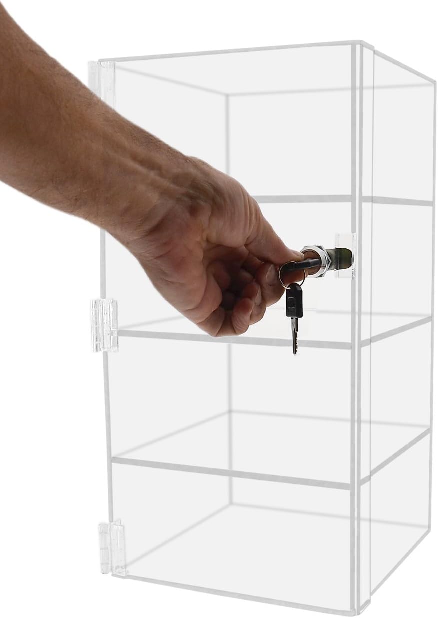 Marketing Holders Acrylic Locking Vertical Cabinet with Keys 9.5' x 9.5' x 16' Clear Plexiglass Countertop Hinged Swing Door Locker for Retail Products and Convenience Stores Merchandise