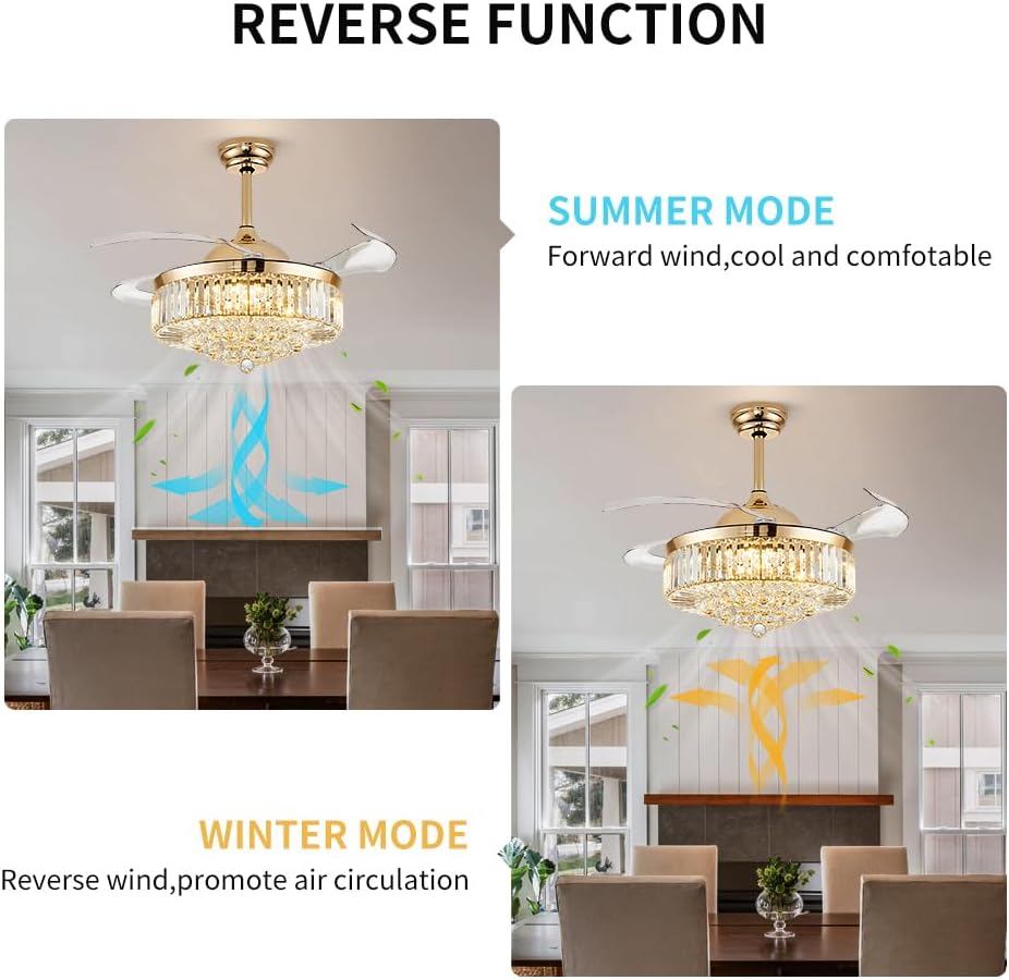 FIDGRA 42'' Fandelier Ceiling Fan with Light, Retractable Chandelier Fan, 3 Color Temperature, LED Dimmable, 6 Wind Speed, Crystal Ceiling Fan for Bedroom Living Room Dining Room-Gold