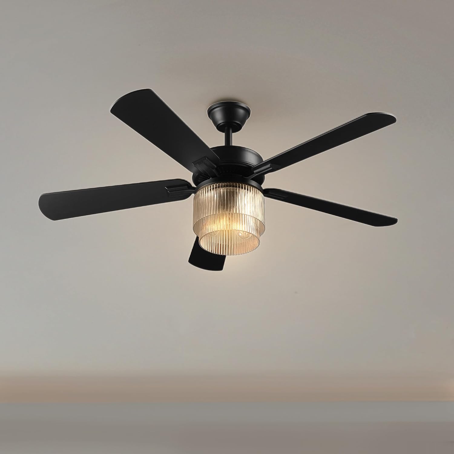 Globe Electric 37000023 52' 2-Light Ceiling Fan with Glass Shade, Remote Control, WhisperQuiet DC Motor, 6 Speeds, Matte Black, Indoor/Outdoor