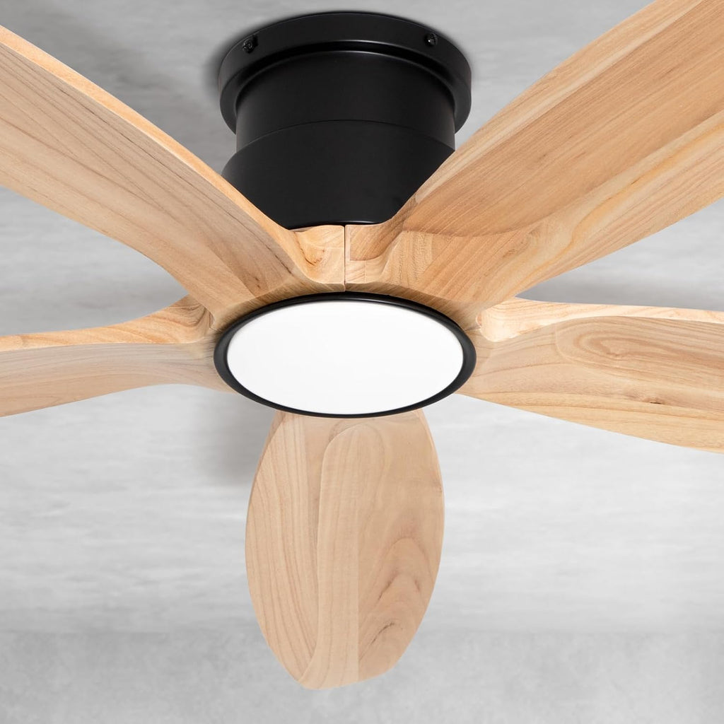 Wood Ceiling Fan with Lights, 52Inch Flush Mount Ceiling Fan with Remote Control, 5 Blades, DC Motor,3CCT,Natural Wooden Ceiling Fans for Bedroom, Living Room, Home Office,Indoor