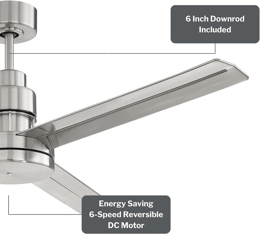 Craftmade MND54BNK3 Mondo 54 Inch 3 Blade Ceiling Fan | Brushed Polished Nickel Finish/Brushed Polished Nickel Aluminum Blades | IDC Wall Control and Remote Control | DC Motor Indoor Ceiling Fan