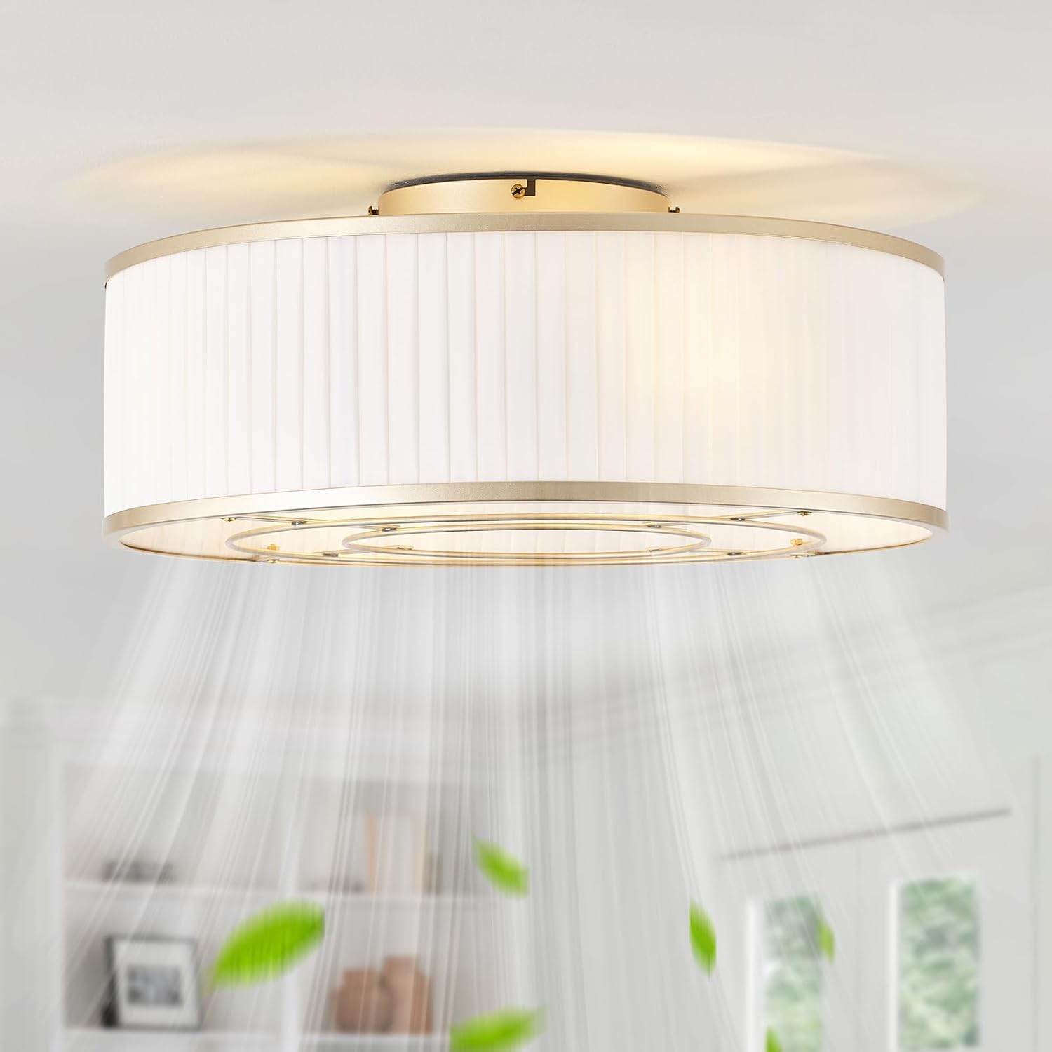 Boho Ceiling Fan with Light Flush Mount, 20' Gold Caged Ceiling Fan with Lights Remote Control, Bladeless Ceiling Fans 6 Speeds for Bedroom, Living Room, Nursery