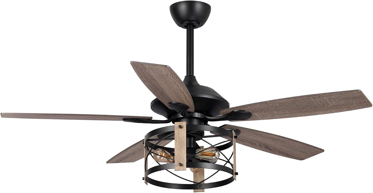 Parrot Uncle Ceiling Fans with Lights and Remote Farmhouse Ceiling Fan with Light 52 Inch Black Outdoor Ceiling Fans for Patios Covered, Reversible Motor