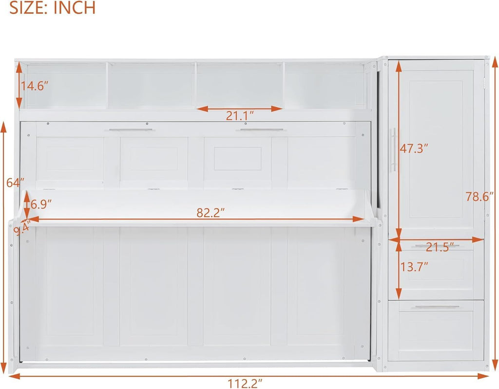MERITLINE Queen Murphy Bed with Storage Shelves and Wardrobe Closet,Wood Folding Murphy Wall Bed Cabinet with Drawers,for Bedroom Office Guest Room,Foldable