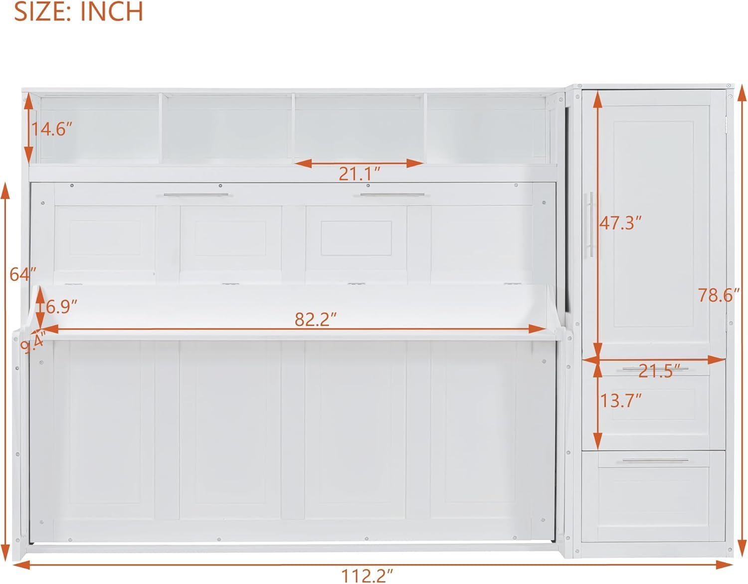 MERITLINE Queen Murphy Bed with Storage Shelves and Wardrobe Closet,Wood Folding Murphy Wall Bed Cabinet with Drawers,for Bedroom Office Guest Room,Foldable