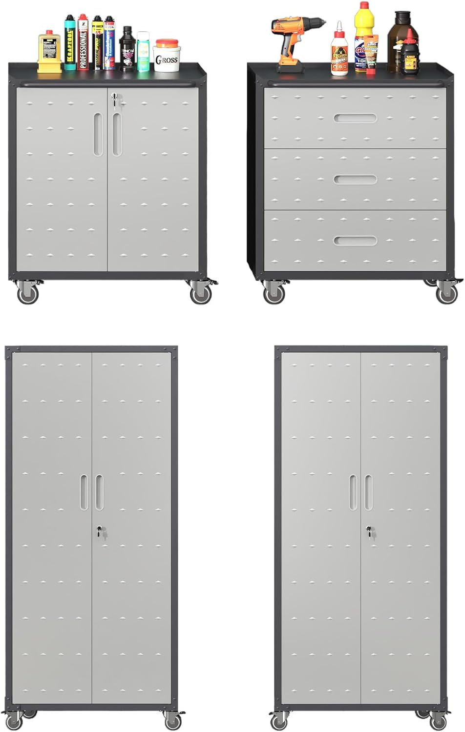 AQY Metal Garage Storage Cabinets System,4 Piece Workshop Tool Cabinet Set Included Lockable Garage Storage Cabinet with Drawers Adjuest Shelves Rolling Chest and Wheels,Assembly Required