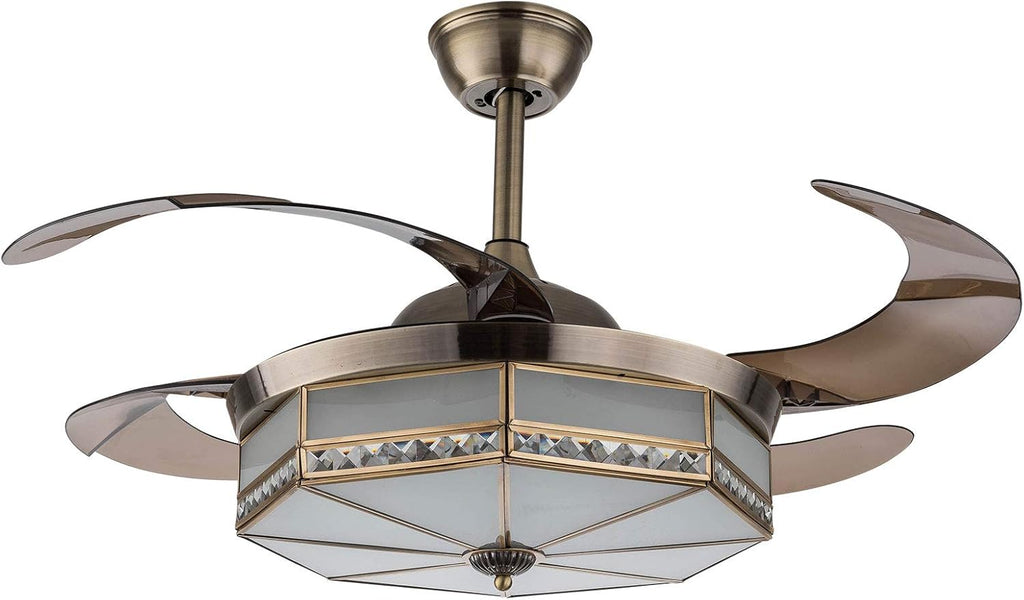 TFCFL 42' Vintage Retractable Ceiling Fan Light, Tiffany Style Chandelier Fan with Controller 3-Color Lighting 3-Speed for Bedroom Living Room (Bronze)