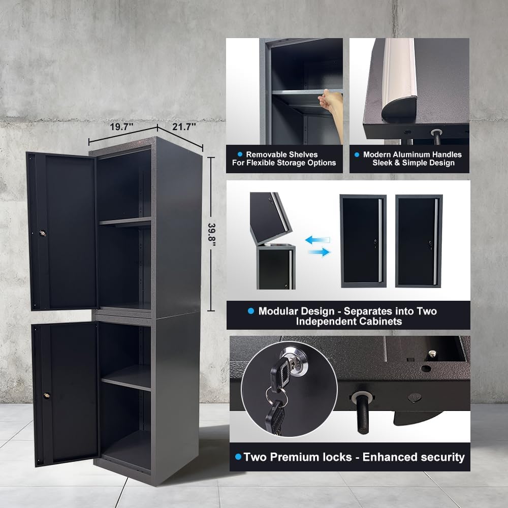 JZD Metal Garage Workbench with Storage and Cabinets for Workshop Utility Room, Included One Tool Cart, Wall Mounting Not Necessary