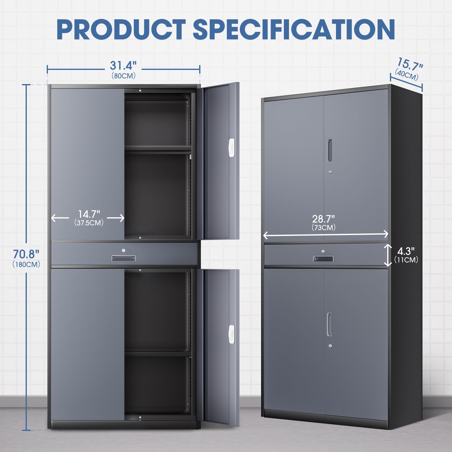 DNA Motoring 71'' Metal Storage Cabinet, Locking Tool Cabinet with 1 Drawer and Adjustable Shelves, Lockable Heavy Duty Metal Locker for Garage,Office,Home,Gym, Gray Black, TOOLS-00629-GY-BK-A