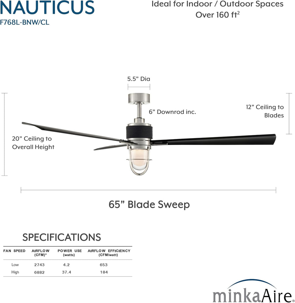 MINKA-AIRE F768L-BNW/CL Nauticus 65' 3-Blade LED Smart Indoor/Outdoor Ceiling Fan in Brushed Nickel Wet and Coal Black Blades with Clear Glass