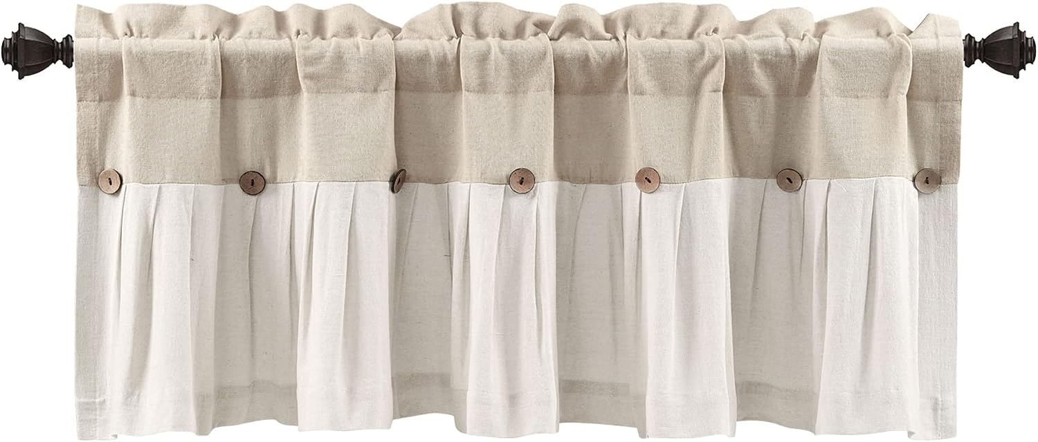 Lush Decor Linen Button Valance | 52'W x 18'L | Farmhouse Style | Coconut Husk Buttons | Pack of 12