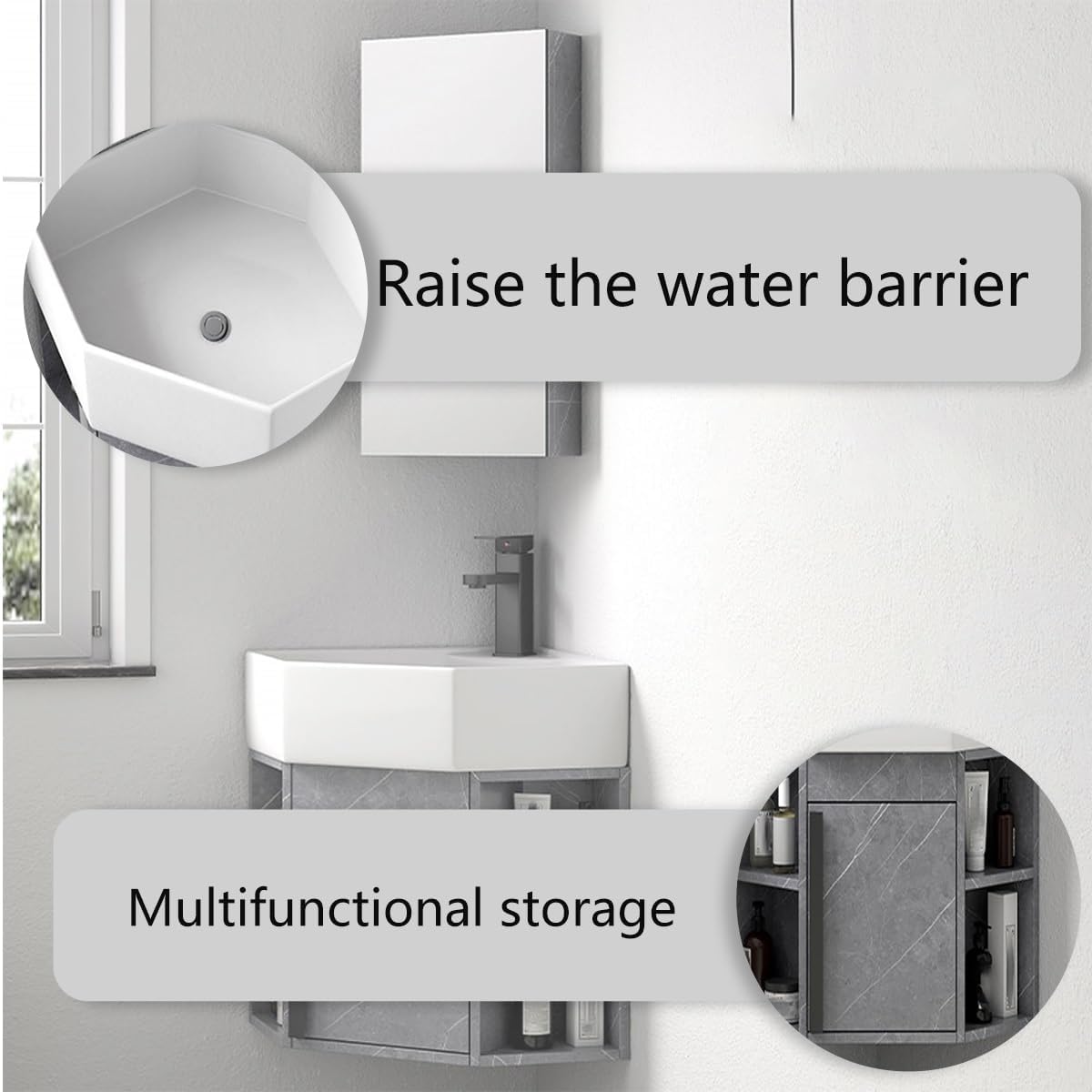 Modern Corner Bathroom Vanity with Sink Set，Bathroom Vanity Abundant Storage Space ，Bathroom Sink Cabinet Mirror Not Included，for Guest Baths Master Suites or Rental Units(15in)