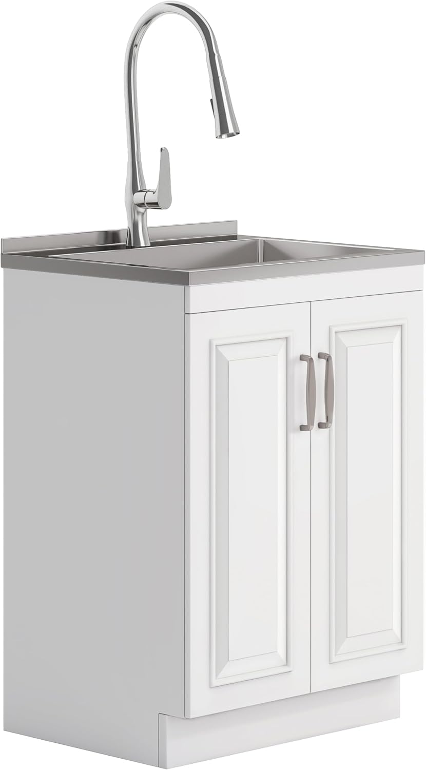 SIMPLIHOME Darwin All-in-One 24 inch Wide Utility Sink and Laundry Cabinet in Pure White Finish, Transitional Stainless Steel Sink Cabinet for Laundry Rooms with High-Arch Chrome Faucet and Storage