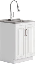 SIMPLIHOME Darwin All-in-One 24 inch Wide Utility Sink and Laundry Cabinet in Pure White Finish, Transitional Stainless Steel Sink Cabinet for Laundry Rooms with High-Arch Chrome Faucet and Storage