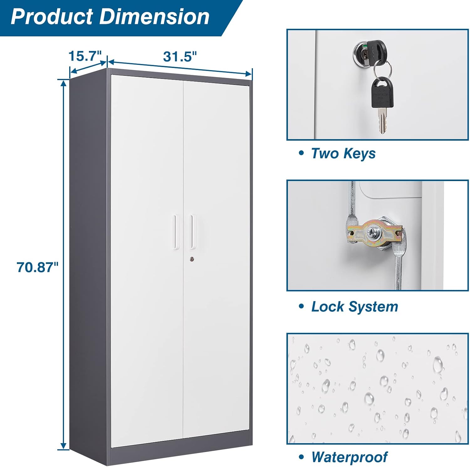 PEUKC Metal Garage Storage Cabinet, 71-inch Tall Cabinet with Adjustable Shelves & Locking Doors, Tool Cabinets for Garage,Office,Home,School,Gym (Grey White)