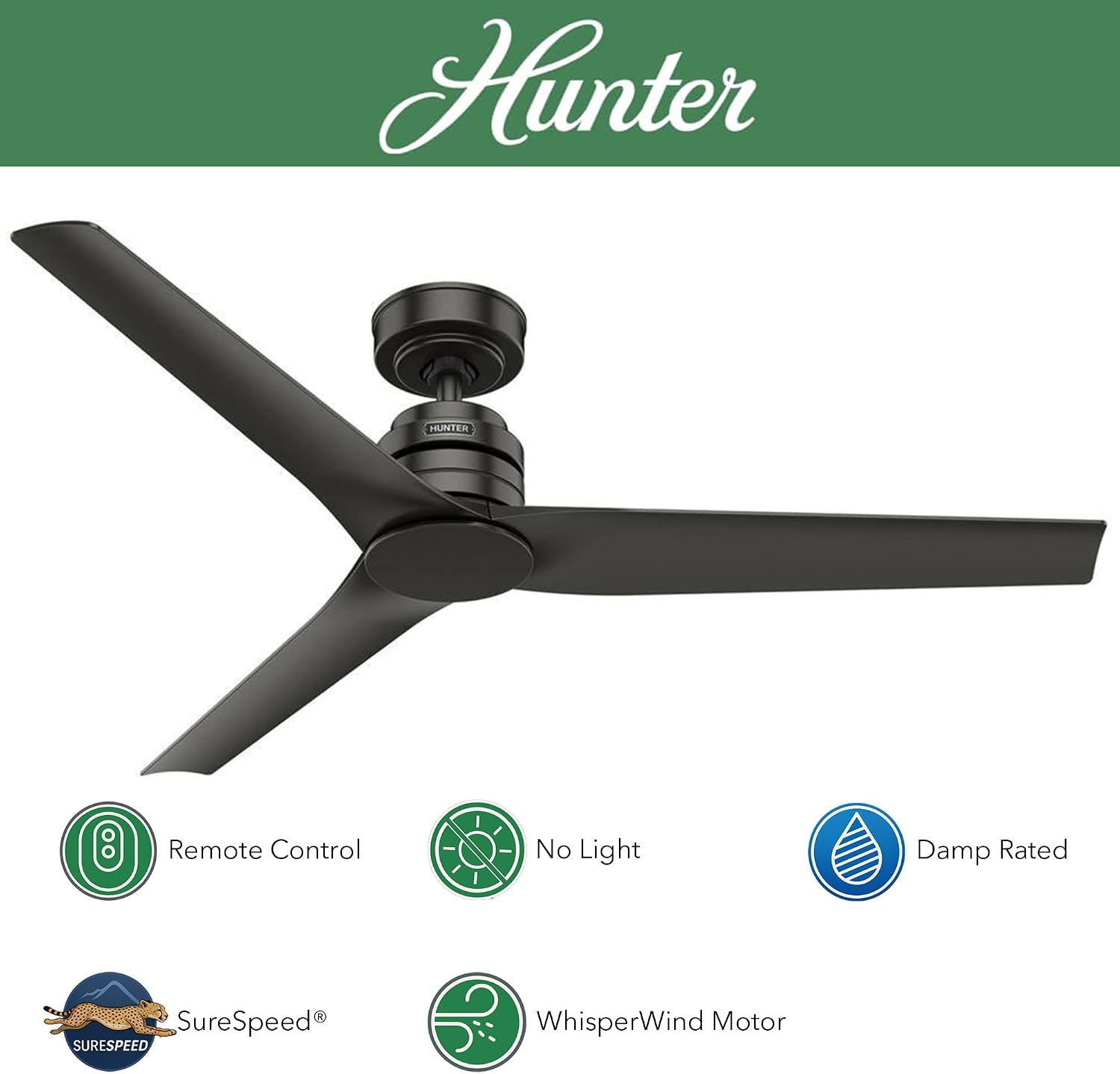 Hunter Fan Outdoor or Indoor Ceiling Fan, 52 in Noble Bronze Ceiling Fan with Remote and No Light for Patios, Living Room, Bedroom, Porch, Garage (Renewed)