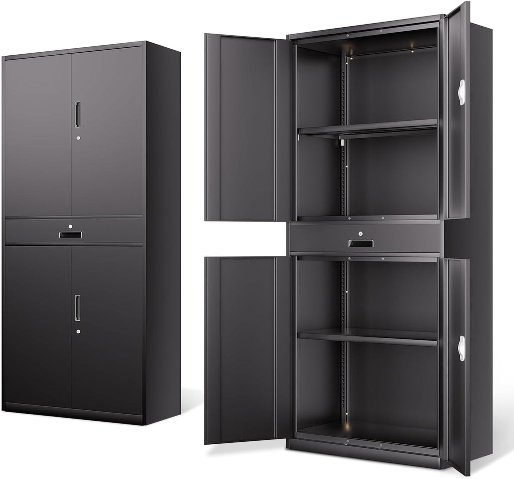 DNA Motoring 71'' Metal Storage Cabinet, Locking Tool Cabinet with 1 Drawer and Adjustable Shelves, Lockable Heavy Duty Metal Locker for Garage,Office,Home,Gym, Black, TOOLS-00629-BK-BK-A