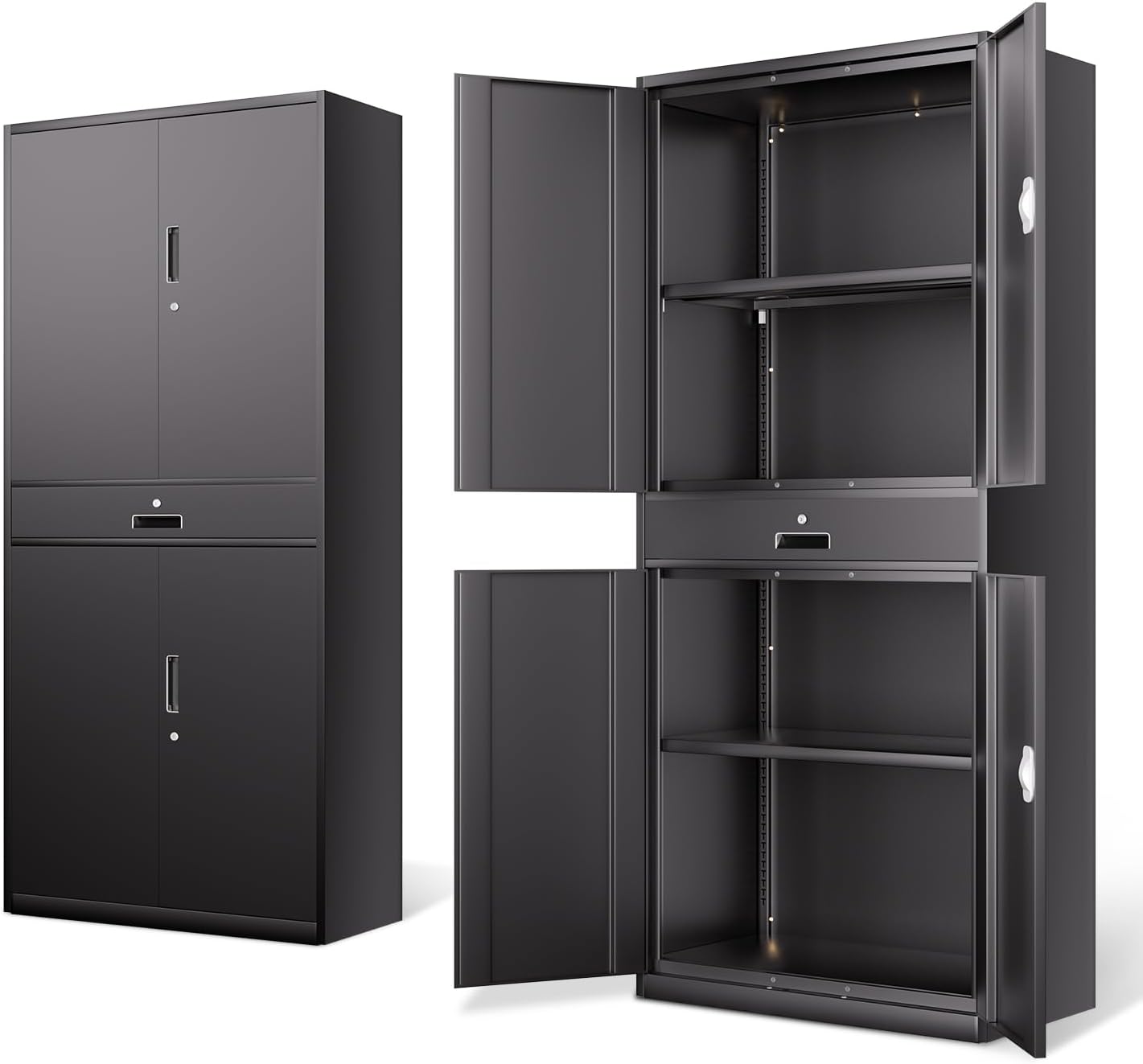 DNA Motoring 71'' Metal Storage Cabinet, Locking Tool Cabinet with 1 Drawer and Adjustable Shelves, Lockable Heavy Duty Metal Locker for Garage,Office,Home,Gym, Black, TOOLS-00629-BK-BK-A