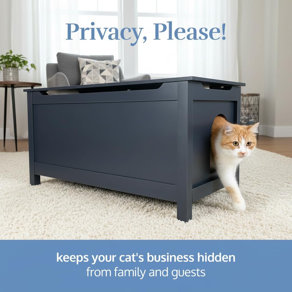 Parker Designer Catbox Modern Wood Cat Litter Box Enclosure Pet Furniture, Elegant, Odor Contained for Large Cats, Charcoal