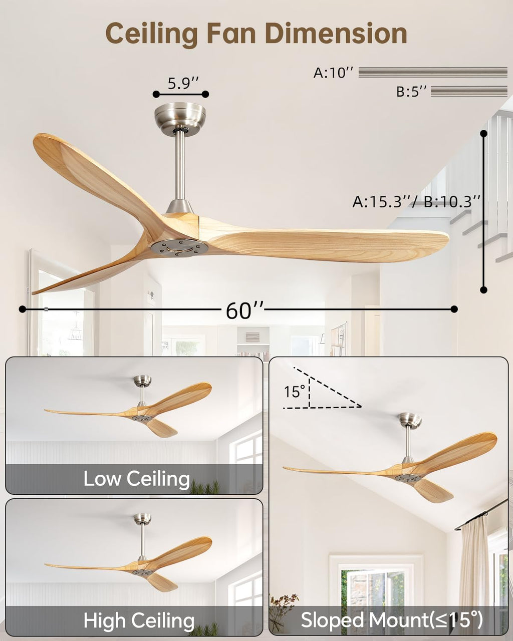 Sofucor 60 Inch Smart Ceiling Fans No Lights-Outdoor Modern Smart Ceiling Fan with Alexa/Google/APP/Remote Control, Reversible Quiet DC Motor,Wood Blade Ceiling Fan for Bedroom/Living Room/Patios