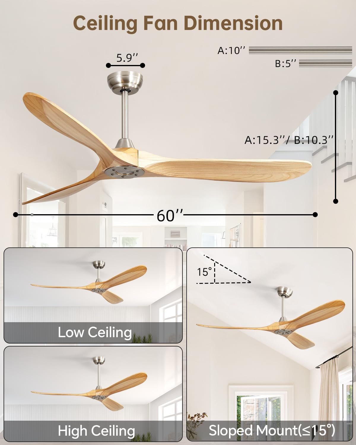 Sofucor 60 Inch Smart Ceiling Fans No Lights-Outdoor Modern Smart Ceiling Fan with Alexa/Google/APP/Remote Control, Reversible Quiet DC Motor,Wood Blade Ceiling Fan for Bedroom/Living Room/Patios